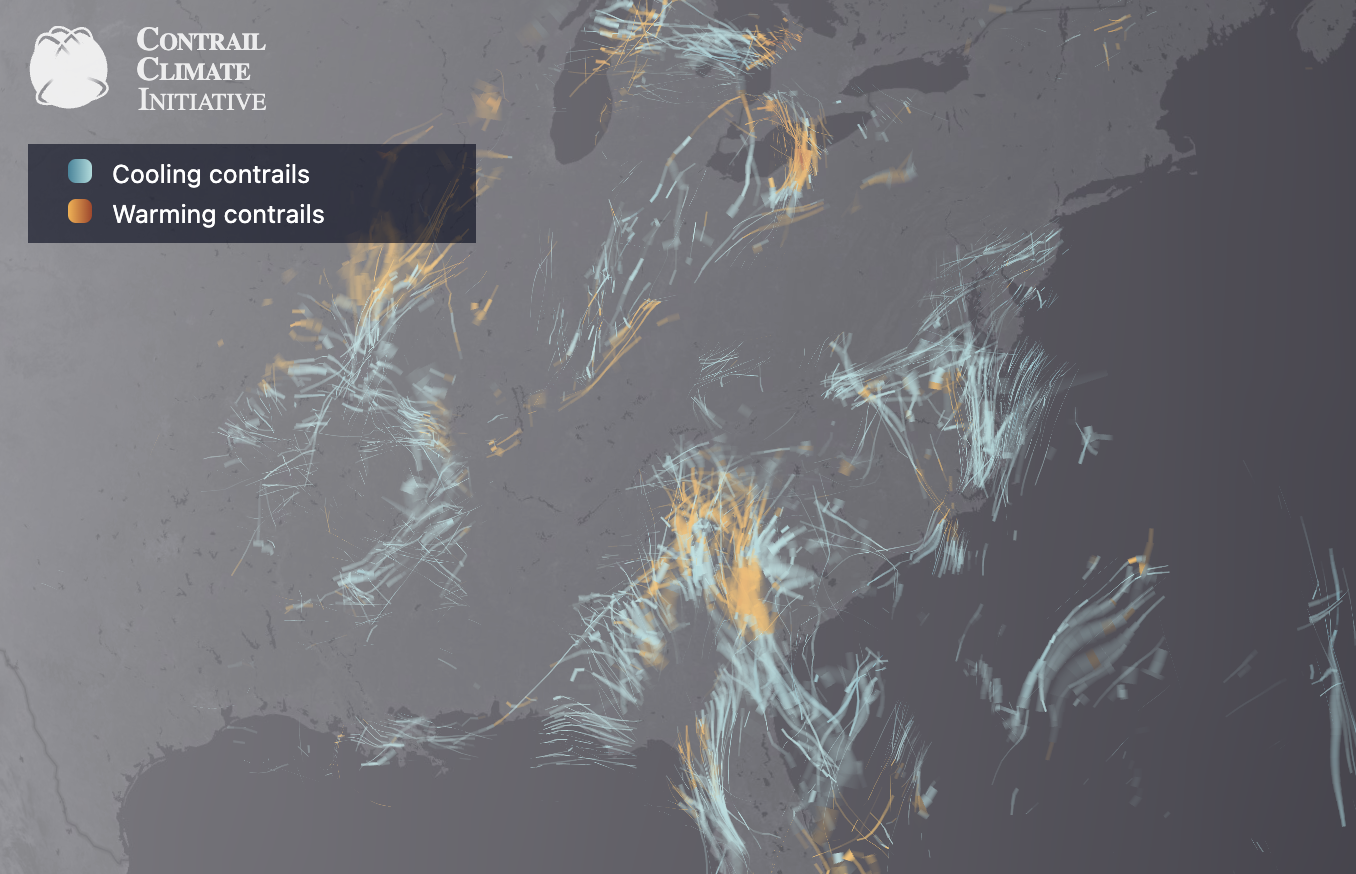 Flights with warming and cooling contrails on a map